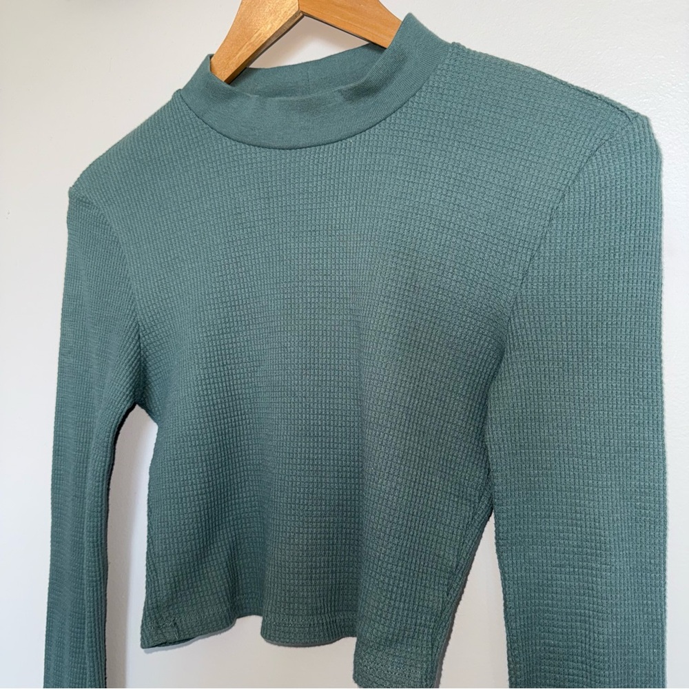 Bluenotes Long Sleeve Waffle Knit Top in Teal Green